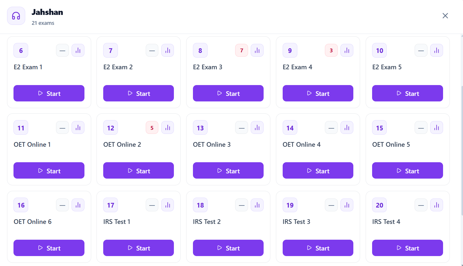 OET Listening mock exam list showing every available test with the candidate's best score
