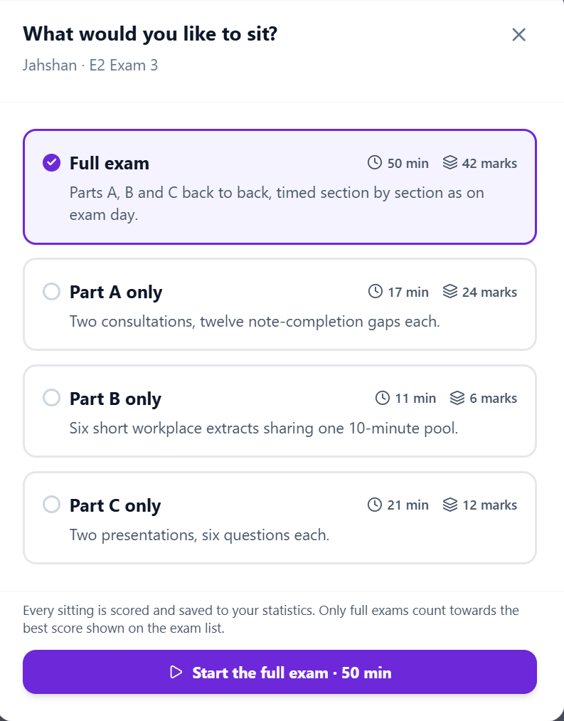 OET Listening mock sitting chooser offering the full exam or Part A, B or C alone